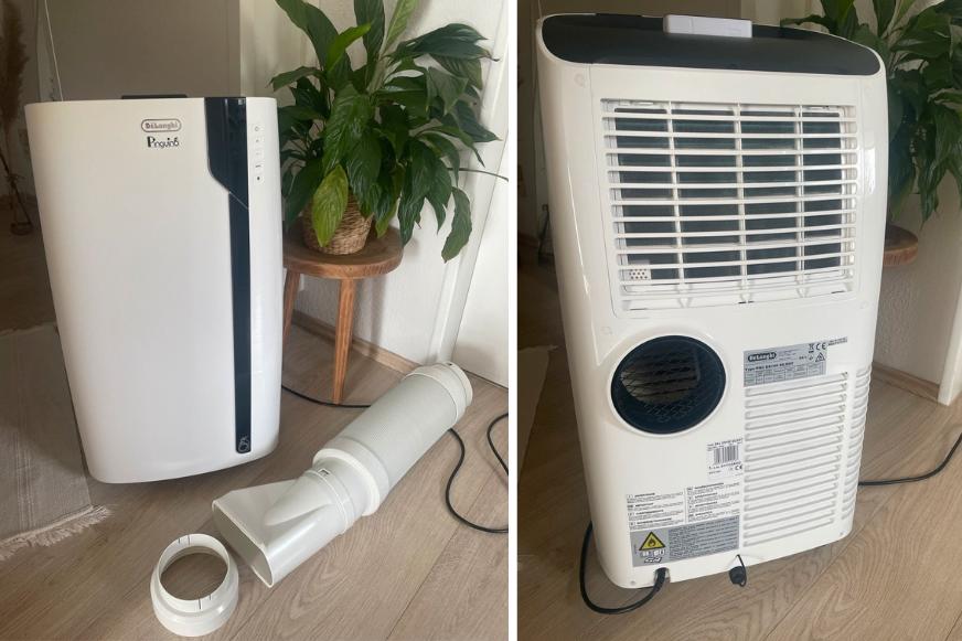 Die De’Longhi PAC EX100 Silent steht auf dem Boden und man sieht sie einmal von vorne und von hinten.